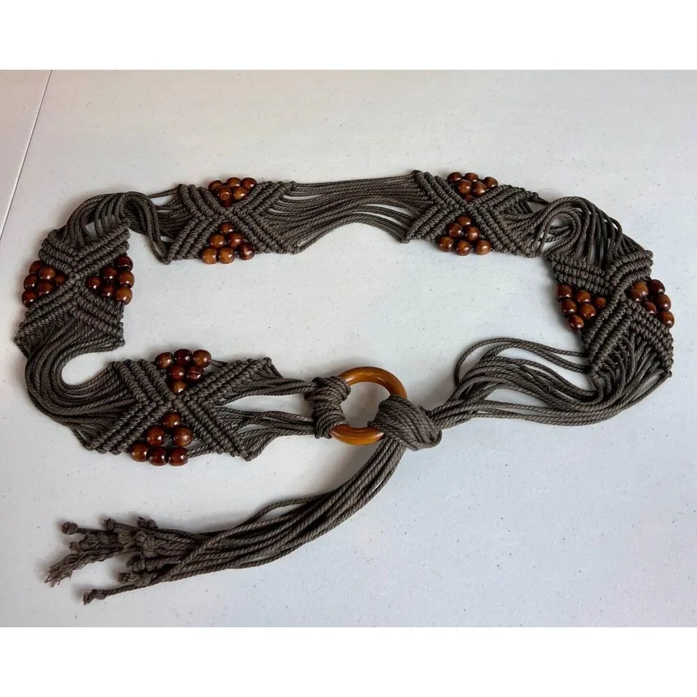 Brown Woven Boho Tie Belt Wood Beads Women's One Size (See Measurements)